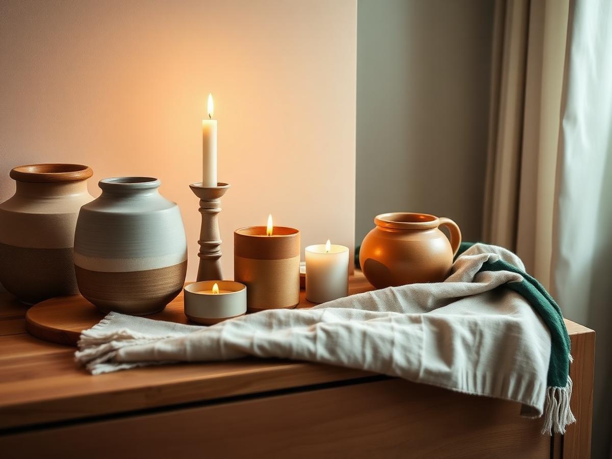 Warm, light-filled home wellness sanctuary with natural wood and linen textures