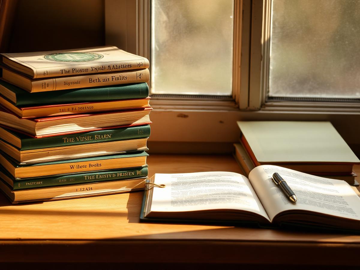 A stack of bound books and an open book by a sunlit window