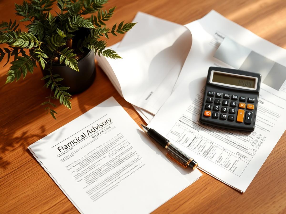 Organized tax paperwork, a calculator and pen on a warm desk